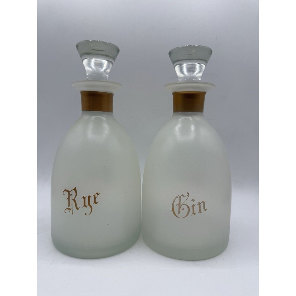 Vintage Frosted Glass Rye & Gin Decanter w/ Glass Stopper : MCM Gold Lettering